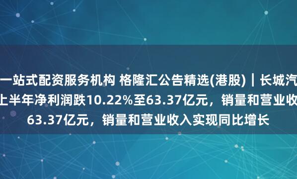 一站式配资服务机构 格隆汇公告精选(港股)︱长城汽车(02333.HK)上半年净利润跌10.22%至63.37亿元，销量和营业收入实现同比增长